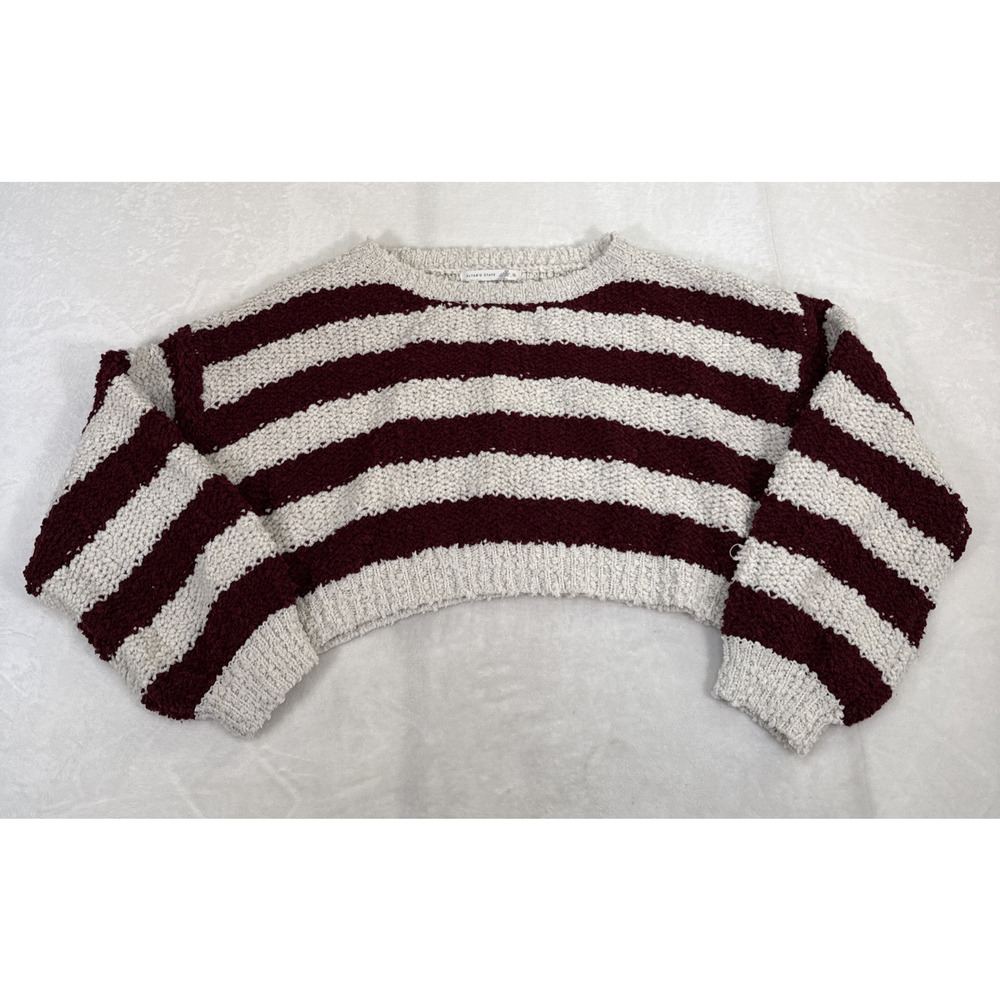 Altar'd State Striped Chenille Sweater Women Sz XL Burgundy White Cozy Pullover